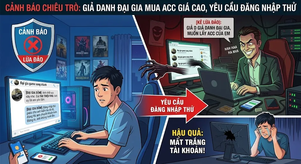 Chiêu trò 1: Giả danh "Đại gia" mua giá cao, xin đăng nhập thử để kiểm tra