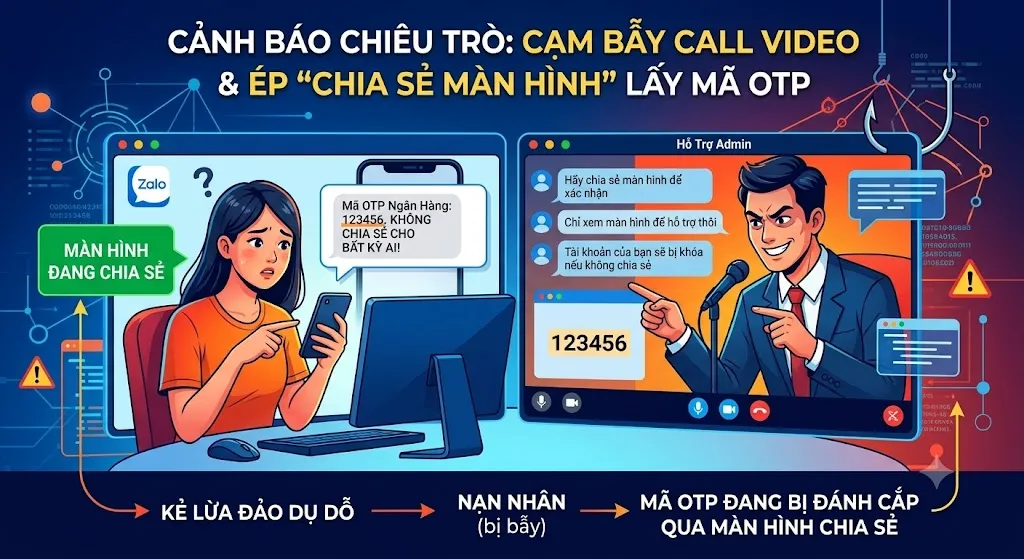 Chiêu trò 2: Cạm bẫy Call Video và ép "Chia sẻ màn hình" lấy mã OTP